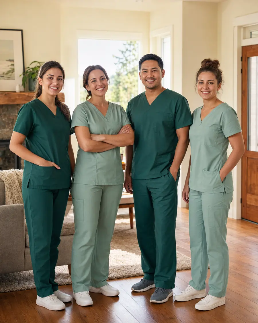 A diverse home care team including women healthcare professionals and a male Certified Health Care Aide