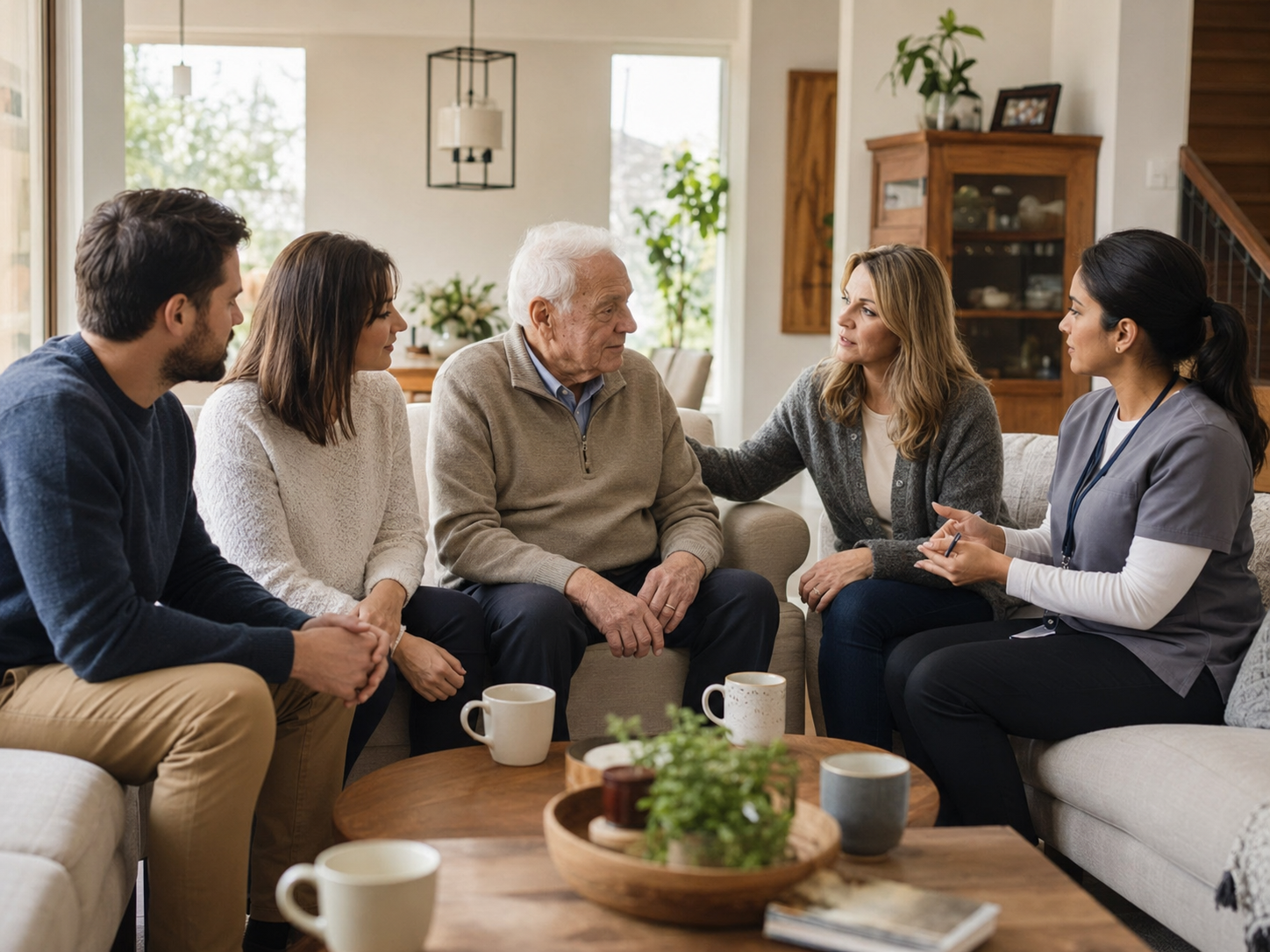 A family meeting with a woman care professional to discuss home care planning and funding