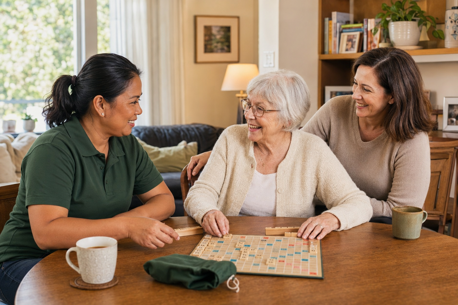 A woman companion playing a board game with a senior while her daughter looks on