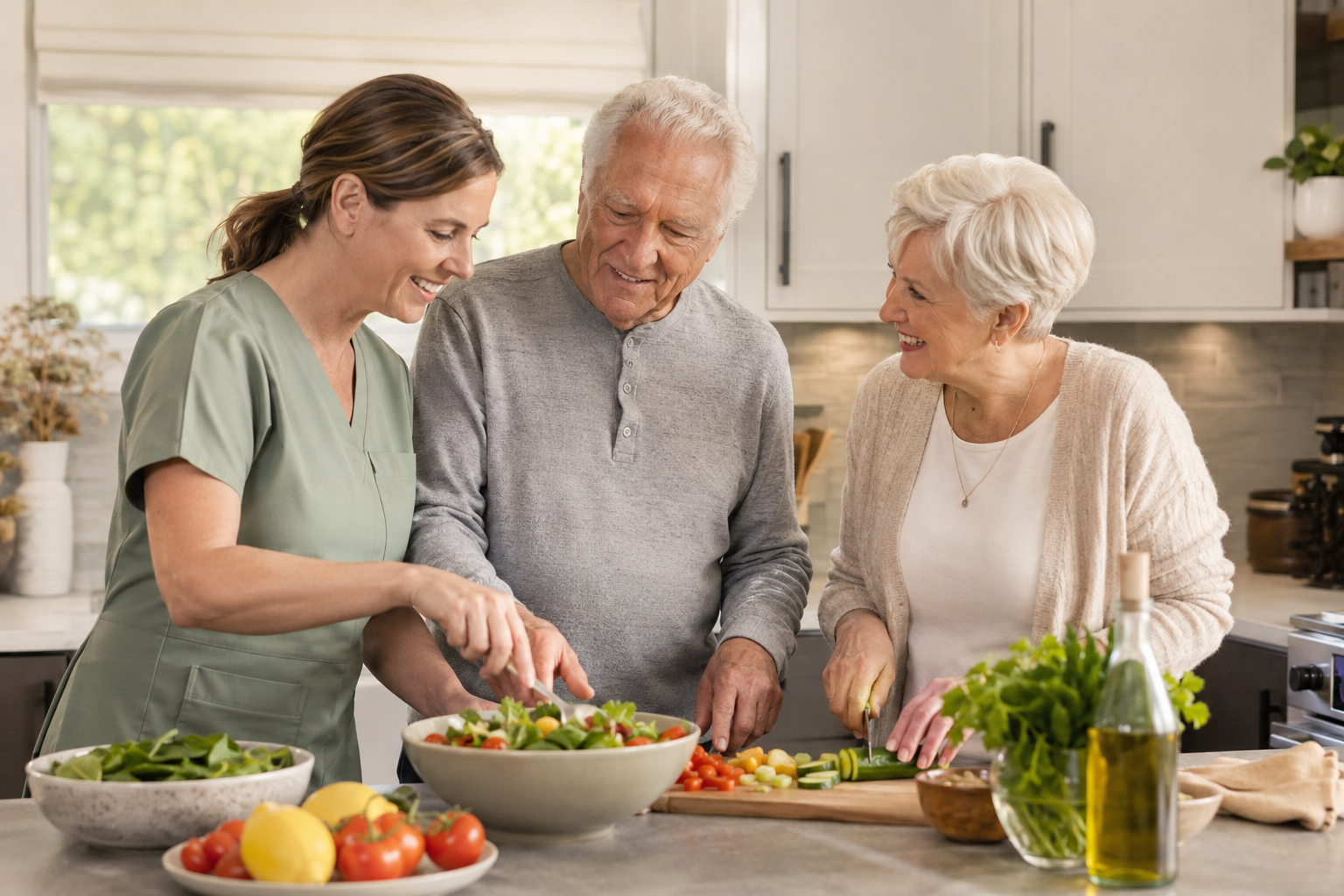 A home support worker preparing a light meal with a Winnipeg couple