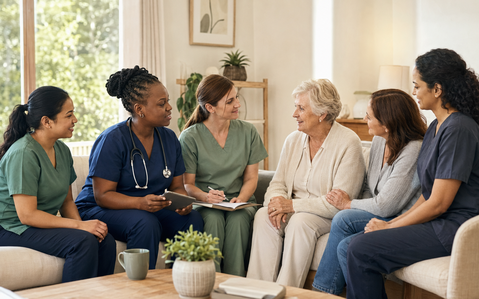 A diverse team of women care professionals meeting a senior and her daughter